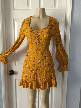 Love Riche Mustard Floral Long-Sleeve Mini Dress Pit To Pit 19 Inch